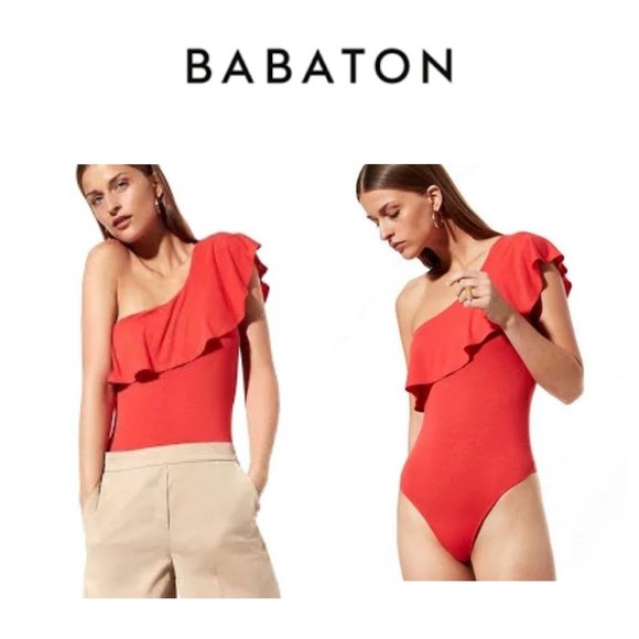 Babaton Tops - Babaton Quinten one shoulder orange thong bodysuit size M